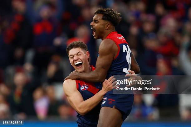 Kysaiah Pickett of the Demons celebrates kicking a goal during the round 19 AFL match between Melbourne Demons and Adelaide Crows at Melbourne...