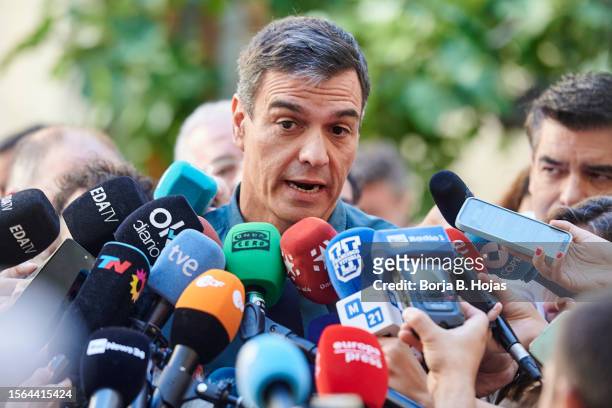 Pedro Sanchez of PSOE attends to vote at the electoral college on July 23, 2023 in Madrid, Spain. Voters in Spain head to the polls on July 23 to...