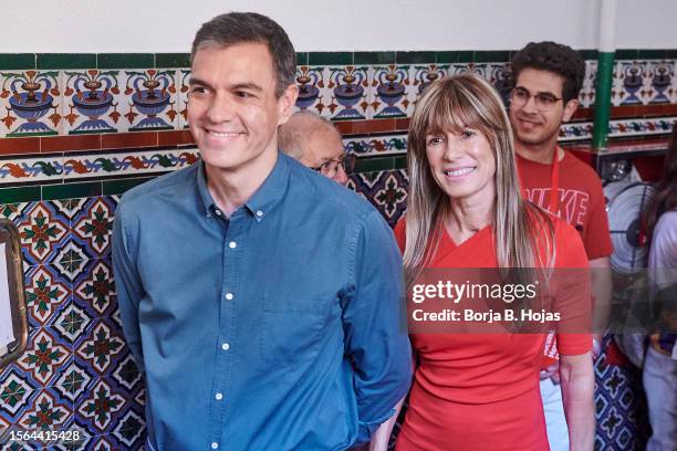 Pedro Sanchez of PSOE arrives to electoral college to vote with his wife Begoña Gomez on July 23, 2023 in Madrid, Spain. Voters in Spain head to the...