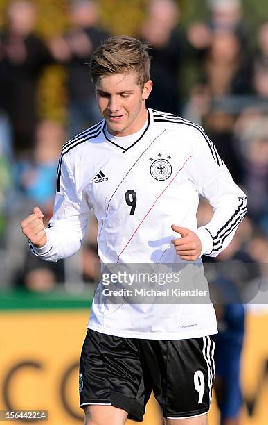 Patrick Weihrauch of Germany celebrates scoring the opening goal of the match during the International Friendly match between U19 Germany and U19...