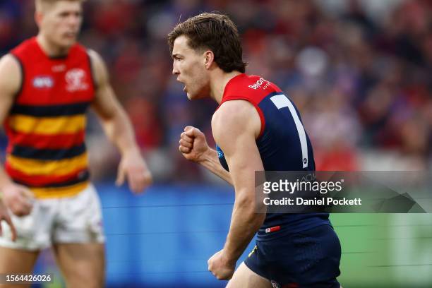 Jack Viney of the Demons celebrates kicking a goal during the round 19 AFL match between Melbourne Demons and Adelaide Crows at Melbourne Cricket...