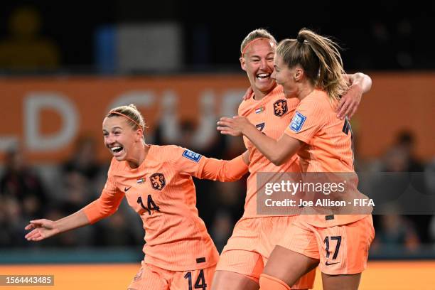 Stefanie Van Der Gragt of Netherlands celebrates with teammates Jackie Groenen and Victoria Pelova before disallowed due to offside after scoring her...