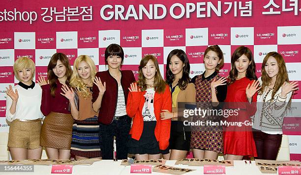 Sunny, Tiffany, Hyoyeon, Sooyoung, Taeyeon, Kwon Yu-Ri , Yoona, Seohyun and Jessica of South Korean girl group Girls' Generation attend during an...