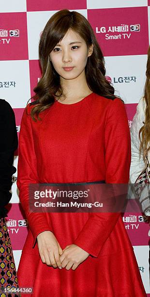 Seohyun of South Korean girl group Girls' Generation attends during an autograph session for 'LG Electronics' Bestshop Gangnam Store Opening at LG...