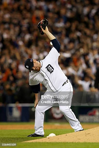 Phil Coke of the Detroit Tigers celebrates after the Tigers won 8-1 against the New York Yankees during game four of the American League Championship...