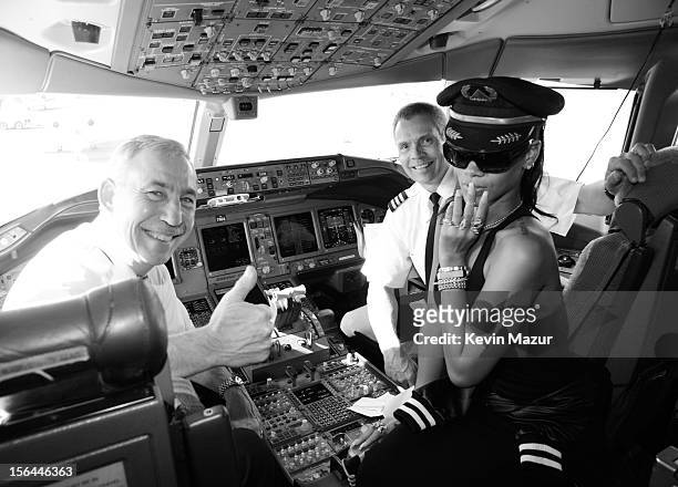 Rihanna sits in the cockpit of the plane before taking off to her first stop on the 777 tour on November 14, 2012. Rihanna's 777 Tour - 7 countries,...