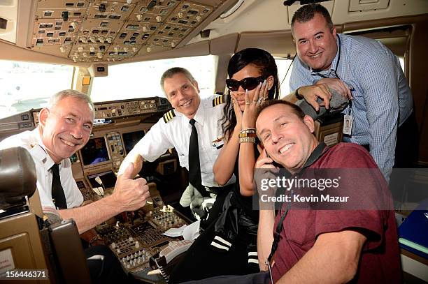 Rihanna sits in the cockpit of the plane before taking off to her first stop on the 777 tour on November 14, 2012. Rihanna's 777 Tour - 7 countries,...