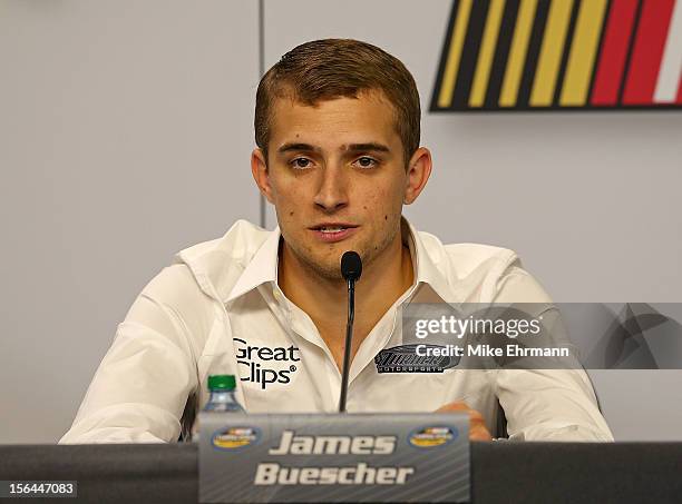 James Buescher, driver of the Exide Batteries Chevrolet speaks with members of the media during the NASCAR Championship Contenders Press Conference...