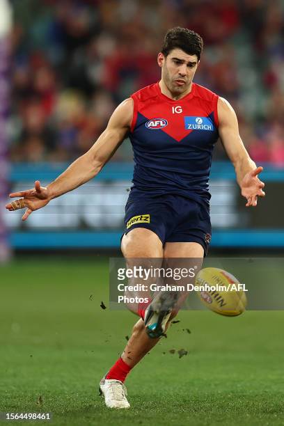 Christian Petracca of the Demons kicks during the round 19 AFL match between Melbourne Demons and Adelaide Crows at Melbourne Cricket Ground on July...