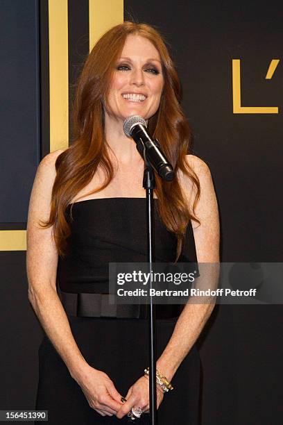 Julianne Moore, the new face of L'Oreal Paris, delivers a speech as she attends the L'Oreal New Egerie Presentation and Press Conference event at...