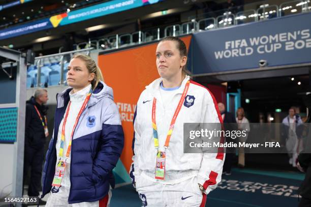 Eugenie Le Sommer and Solene Durand of France walk out for the pitch inspection prior to the FIFA Women's World Cup Australia & New Zealand 2023...