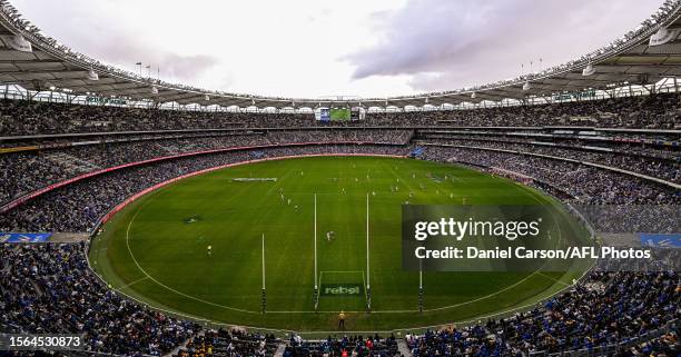General View during the 2023 AFL Round 20 match between the West Coast Eagles and the North Melbourne Kangaroos at Optus Stadium on July 30, 2023 in...
