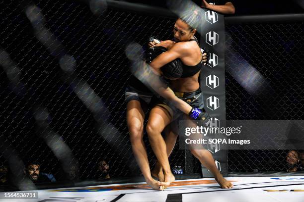 Samantha Jean-François and Laura Balin in action during their fight on the co-main event of Hexagone MMA 10. In France, the "Hexagone MMA 10" event...