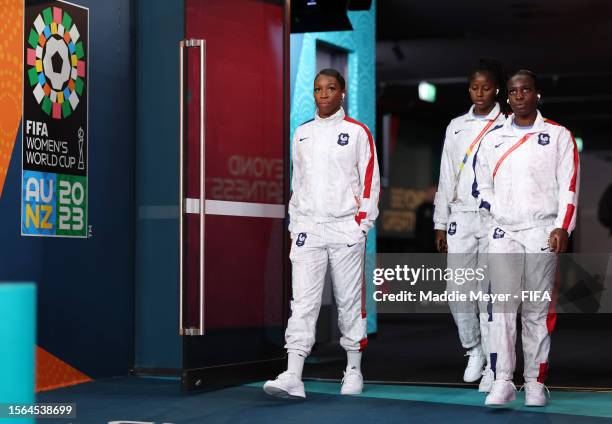 Grace Geyoro, Aissatou Tounkara and Naomie Feller of France walk out for the pitch inspection prior to the FIFA Women's World Cup Australia & New...