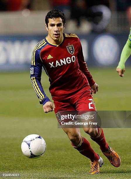 Tony Beltran of Real Salt Lake kick the ball during a game against the Seattle Sounders during the first half of an MLS Western Conference Semifinals...