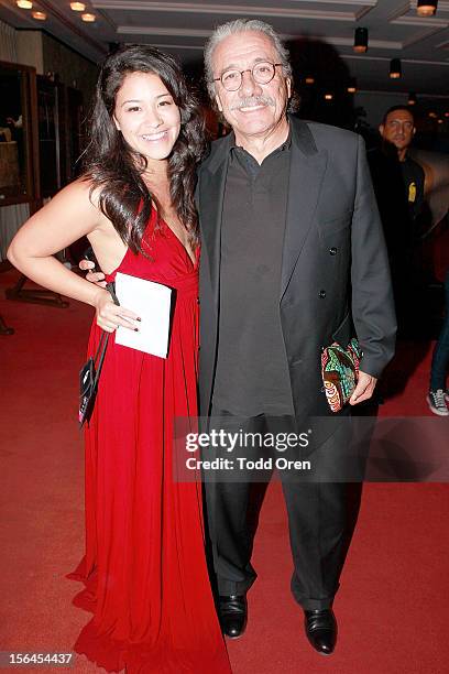 Actress Gina Rodriguez and actor Edward James Olmos pose at the 6th Annual Dominican Republic Global Film Festival 2012 Day 1 on November 14, 2012 in...