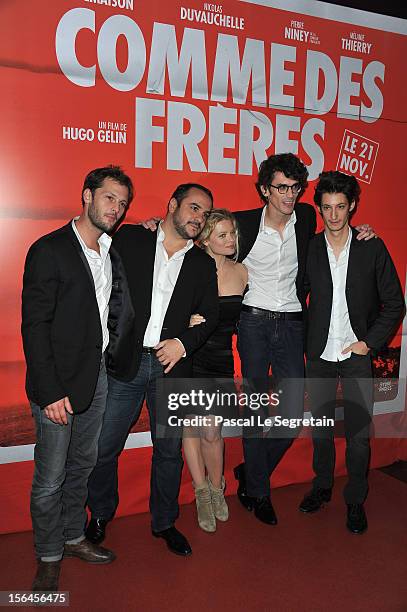 Nicolas Duchauvelle, Francois Xavier Demaison, Melanie Thierry, Hugo Gelin and Pierre Niney attend 'Comme Des Freres' Premiere at Cinema Gaumont...