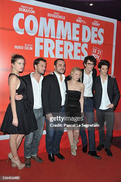 Cecile Cassel, Nicolas Duchauvelle, Francois Xavier Demaison, Melanie Thierry, Hugo Gelin and Pierre Niney attend 'Comme Des Freres' Premiere at...