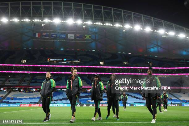 Jamaica players inspect the pitch prior to the FIFA Women's World Cup Australia & New Zealand 2023 Group F match between France and Jamaica at Sydney...