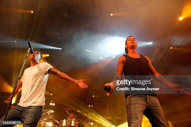 Jordan 'Rizzle' Stephens and Harley 'Sylvester' Alexander-Sule of Rizzle Kicks perform live on stage at The Roundhouse on November 15, 2012 in...