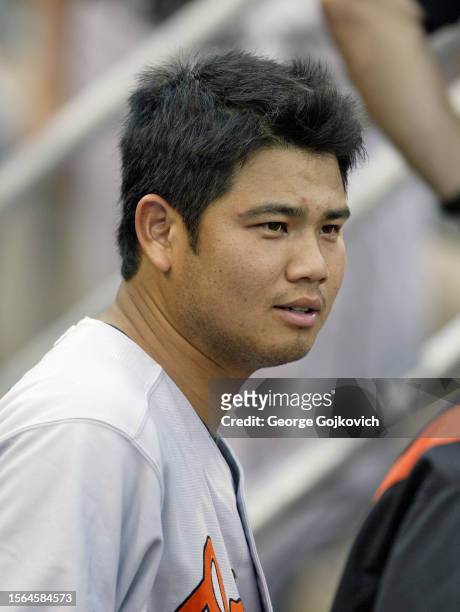 Pitcher Bruce Chen of the Baltimore Orioles looks on from the dugout during a game against the Pittsburgh Pirates at PNC Park on June 7, 2005 in...