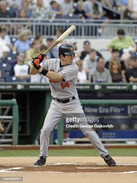 Chris Gomez of the Baltimore Orioles bats against the Pittsburgh Pirates during a game at PNC Park on June 7, 2005 in Pittsburgh, Pennsylvania. The...