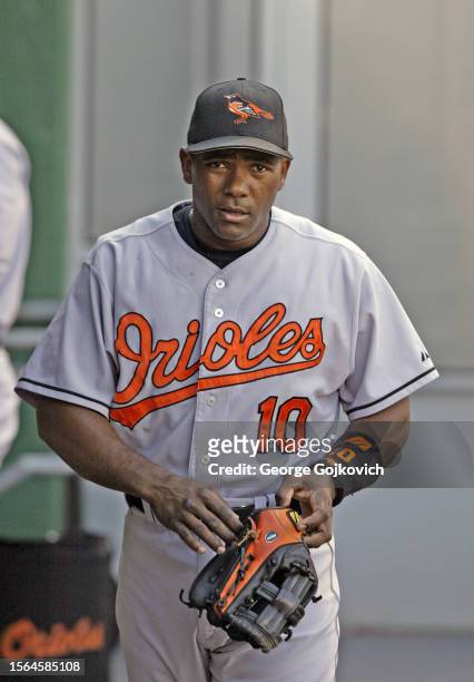 Miguel Tejada of the Baltimore Orioles looks on from the dugout during a game against the Pittsburgh Pirates at PNC Park on June 7, 2005 in...