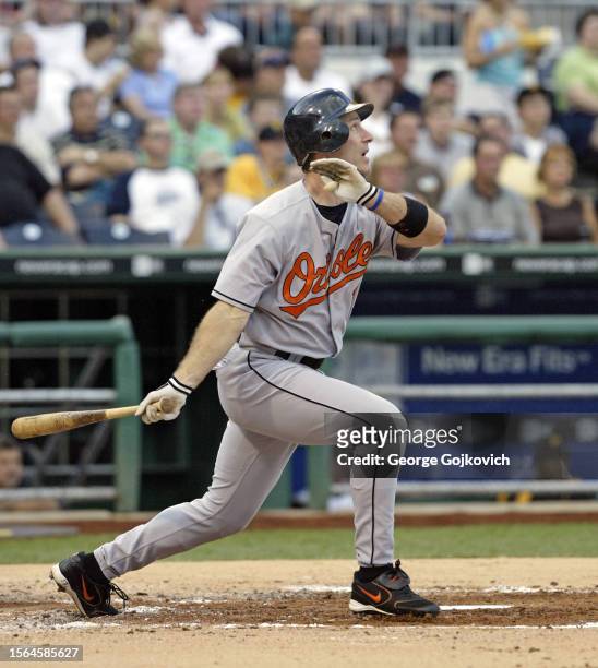 Surhoff of the Baltimore Orioles bats against the Pittsburgh Pirates during a game at PNC Park on June 7, 2005 in Pittsburgh, Pennsylvania. The...