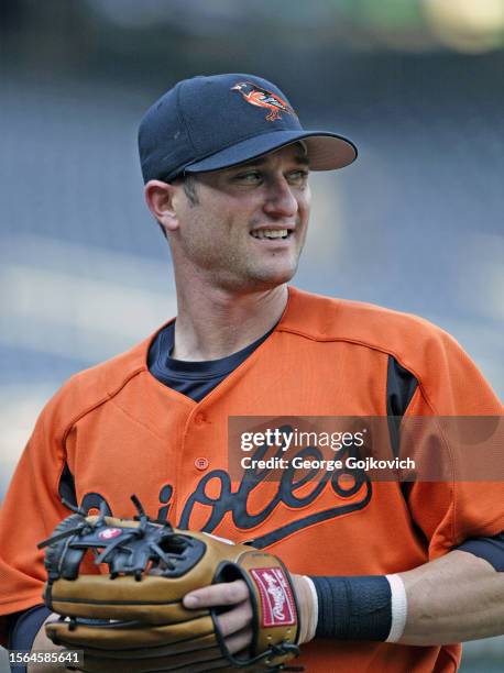 David Newhan of the Baltimore Orioles looks on from the field during batting practice before a game against the Pittsburgh Pirates at PNC Park on...