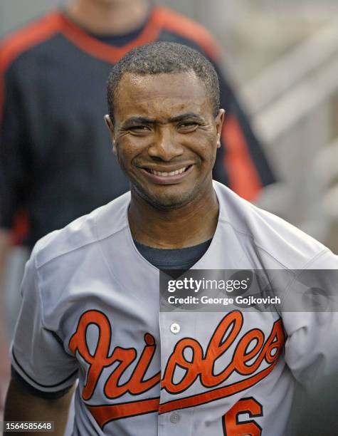 Melvin Mora of the Baltimore Orioles looks on from the dugout during a game against the Pittsburgh Pirates at PNC Park on June 7, 2005 in Pittsburgh,...