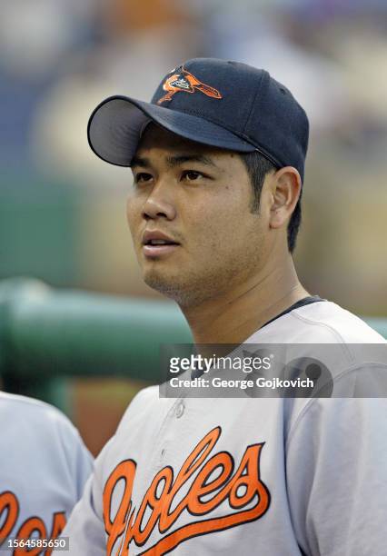 Pitcher Bruce Chen of the Baltimore Orioles looks on from the dugout before a game against the Pittsburgh Pirates at PNC Park on June 7, 2005 in...
