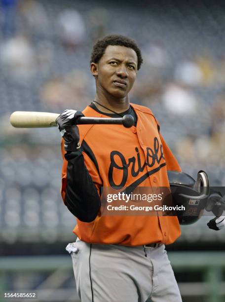 Napoleon Calzado of the Baltimore Orioles looks on from the field during batting practice before a game against the Pittsburgh Pirates at PNC Park on...