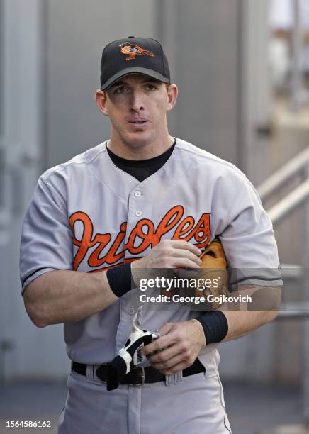 Jay Gibbons of the Baltimore Orioles looks on from the dugout during a game against the Pittsburgh Pirates at PNC Park on June 7, 2005 in Pittsburgh,...