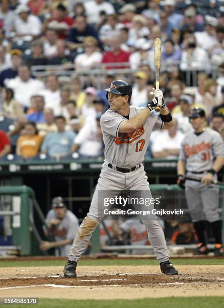 Surhoff of the Baltimore Orioles bats against the Pittsburgh Pirates during a game at PNC Park on June 7, 2005 in Pittsburgh, Pennsylvania. The...