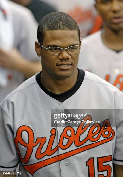Ramon Nivar of the Baltimore Orioles looks on from the dugout during a game against the Pittsburgh Pirates at PNC Park on June 7, 2005 in Pittsburgh,...
