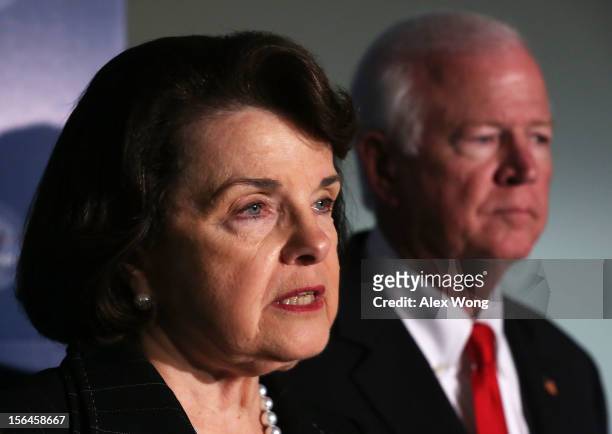 Committee chairman Dianne Feinstein and committee ranking member Saxby Chambliss speak to members of the media after a closed-door meeting before the...