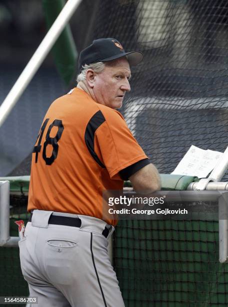 Hitting coach Terry Crowley of the Baltimore Orioles watches as players take batting practice before a game against the Pittsburgh Pirates at PNC...