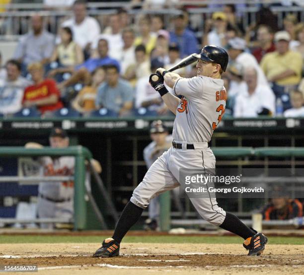 Jay Gibbons of the Baltimore Orioles bats against the Pittsburgh Pirates during a game at PNC Park on June 7, 2005 in Pittsburgh, Pennsylvania. The...