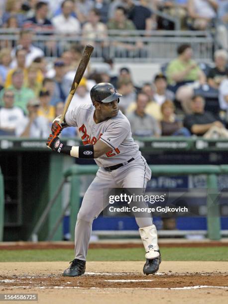 Sammy Sosa of the Baltimore Orioles bats against the Pittsburgh Pirates during a game at PNC Park on June 7, 2005 in Pittsburgh, Pennsylvania. The...