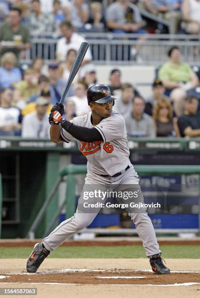 Melvin Mora of the Baltimore Orioles bats against the Pittsburgh Pirates during a game at PNC Park on June 7, 2005 in Pittsburgh, Pennsylvania. The...