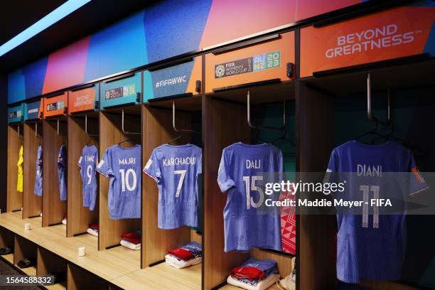 The shirts worn by France players are displayed inside the dressing room prior to the FIFA Women's World Cup Australia & New Zealand 2023 Group F...