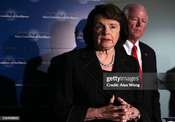 Committee chairman Dianne Feinstein and committee ranking member Saxby Chambliss speak to members of the media after a closed-door meeting before the...