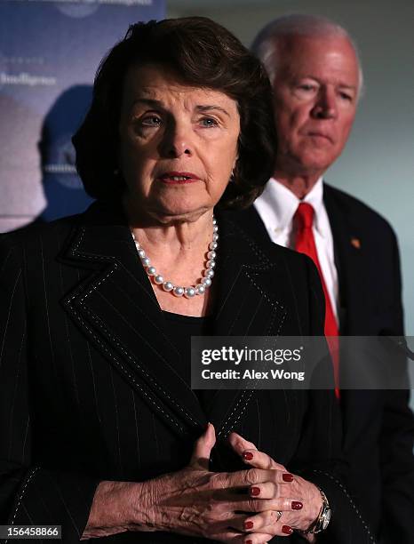 Committee chairman Dianne Feinstein and committee ranking member Saxby Chambliss speak to members of the media after a closed-door meeting before the...