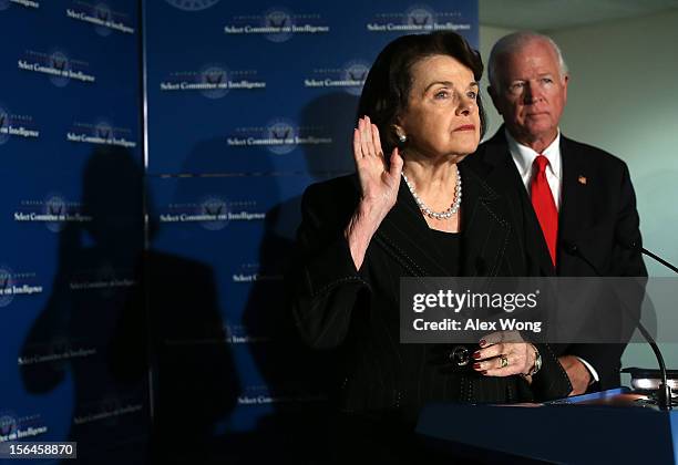 Committee chairman Dianne Feinstein and committee ranking member Saxby Chambliss speak to members of the media after a closed-door meeting before the...