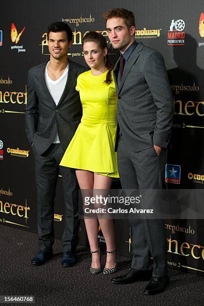 Actors Taylor Lautner, Kristen Stewart and Robert Pattinson attend the "The Twilight Saga: Breaking Dawn - Part 2" premiere at the Kinepolis cinema...