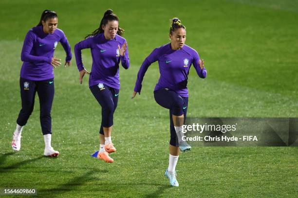 Antonia, Bruninha and Monica of Brazil during a Brazil open training session at SA Football Center on July 23, 2023 in Adelaide / Tarntanya,...