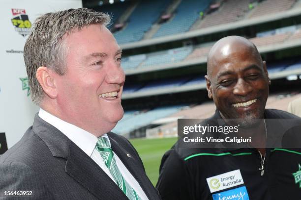 Melbourne Stars President Eddie McGuire and Sir Viv Richards speak to the media during a Melbourne Stars Big Bash League media opportunity at...