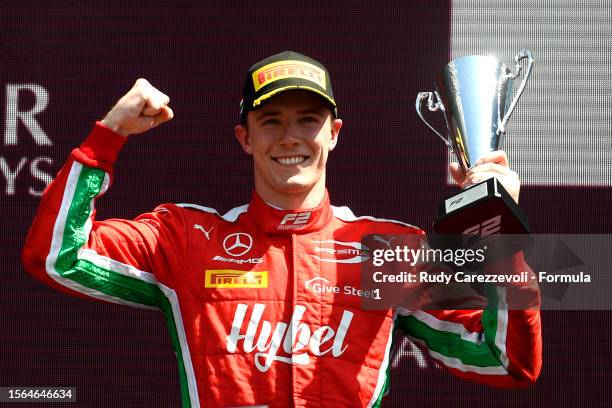 Second placed Frederik Vesti of Denmark and PREMA Racing celebrates on the podium during the Round 10:Budapest Feature race of the Formula 2...
