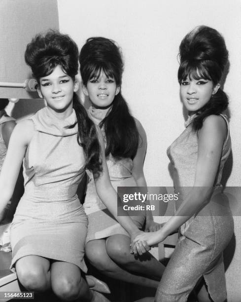 American vocal group The Ronettes, comprised of Nedra Talley, Estelle Bennett and Veronica Bennett, later Ronnie Spector, circa 1960.