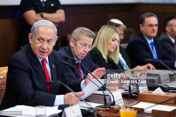 Israel's Prime Minister Benjamin Netanyahu attends the weekly cabinet meeting in the prime minister's office in Jerusalem on July 30, 2023.